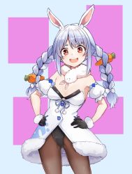 Rule 34 | 1girl, :d, animal ear fluff, animal ears, arm cuffs, armpits, bare shoulders, black gloves, black leotard, black pantyhose, blue hair, bow, braid, breasts, carrot, carrot hair ornament, clothing cutout, coat, coat dress, commentary, cowboy shot, detached sleeves, don-chan (usada pekora), dress, food-themed hair ornament, fur-trimmed gloves, fur scarf, fur trim, furrowed brow, gloves, gluteal fold, hair bow, hair ornament, hands on own hips, highres, hikimayu, hololive, hololive fantasy, leotard, leotard peek, leotard under clothes, light blush, long hair, medium breasts, mm (mm chair), multicolored hair, open mouth, orange eyes, pantyhose, pink background, puffy short sleeves, puffy sleeves, rabbit ears, rabbit girl, short eyebrows, short sleeves, smile, solo, standing, strapless, strapless coat, strapless dress, strapless leotard, teeth, thick eyebrows, thigh gap, twin braids, two-tone hair, underboob cutout, upper teeth only, usada pekora, usada pekora (1st costume), virtual youtuber, white background, white bow, white coat, white hair, white sleeves