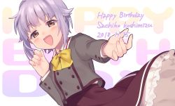 Rule 34 | 1girl, 2018, :d, blush, bow, brown eyes, brown skirt, character name, collared shirt, commentary, dated, fingernails, frilled skirt, frills, hair intakes, happy birthday, highres, idolmaster, idolmaster cinderella girls, koshimizu sachiko, light purple hair, long skirt, long sleeves, looking at viewer, open mouth, reaching, reaching towards viewer, school uniform, shirt, short hair, skirt, smile, solo, text background, upper body, uso (ameuzaki), white background, yellow bow