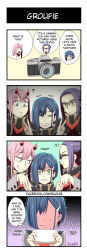 Rule 34 | !, !!, ..., 10s, 3girls, 4koma, ?, aqua eyes, blue hair, blush, camera, comic, commentary, darling in the franxx, double v, english commentary, english text, freckles, frown, full-face blush, glasses, green eyes, hair ornament, hairclip, highres, holding, holding photo, horns, ichigo (darling in the franxx), ikuno (darling in the franxx), long hair, looking at another, multiple girls, opaque glasses, photo (object), selfie, sexually suggestive, short hair, smile, suoh12, sweat, tongue, tongue out, trembling, twitter username, upper body, v, yuri, zero two (darling in the franxx)