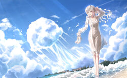 Rule 34 | 1girl, absurdres, beach, bird, blue sky, chinese commentary, cloud, cloudy sky, commentary request, day, dress, eternity (reverse:1999), high heels, highres, holding, holding shoes, jacket, jellyfish, ocean, official alternate costume, open clothes, open jacket, outdoors, reverse:1999, sand, scenery, see-through, see-through jacket, shoes, sky, solo, wading, dove, white dress, white hair, xiamianhaiya, yellow eyes