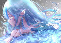 Rule 34 | 1girl, absurdres, blue hair, commentary request, earrings, elf, floating hair, from side, hair between eyes, highres, hololive, huge filesize, jewelry, long hair, pointy ears, signature, snow, solo, upper body, urotare, virtual youtuber, yellow eyes, yukihana lamy