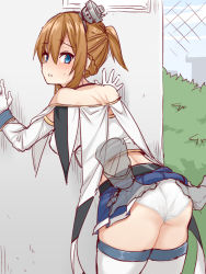 Rule 34 | 1girl, against wall, ass, ass grab, azur lane, bare shoulders, blue eyes, blue skirt, blush, braid, brown hair, bush, crop top, day, disembodied hand, fence, gloves, hair between eyes, hands on ass, hat, leaning forward, long sleeves, looking back, migchip, military, military uniform, mini hat, miniskirt, out of frame, outdoors, panties, parted lips, repulse (azur lane), sidelocks, skirt, solo focus, thighhighs, thighs, underwear, uniform, white gloves, white panties