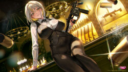 Rule 34 | 1girl, alcohol, bar (place), barrel, black pants, black ribbon, black vest, blonde hair, breasts, chandelier, cup, gun, highres, holding, holding gun, holding weapon, indoors, large breasts, long sleeves, luvdia, multicolored hair, neck ribbon, official art, pants, park dona, parted lips, pinkmill, ribbon, shell casing, short hair, shotgun, smoke, sparkle, vest, virtual youtuber, weapon, white hair, yellow eyes
