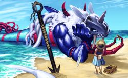 Rule 34 | 1girl, 1other, artist request, beach, digimon, dress, harpoon, hat, highres, horn, looking at another, marinchimairamon, monster, ocean, white dress