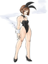 Rule 34 | 1girl, absurdres, animal ears, bare legs, bare shoulders, black choker, black footwear, black hairband, black leotard, breasts, brown eyes, brown hair, choker, cigarette, commentary request, fake animal ears, full body, hairband, high heels, highres, leon the professional, leotard, looking at viewer, mathilda lando, parted lips, playboy bunny, rabbit ears, short hair, simple background, small breasts, smoke, solo, standing, strapless, strapless leotard, toshinoshin, white background, wrist cuffs