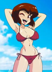 Rule 34 | 1girl, :d, ald arts, armpits, arms behind head, arms under breasts, bikini, blue sky, blunt bangs, blunt ends, blurry, blurry background, blush, bob cut, breasts, brown eyes, brown hair, cameltoe, cleavage, cleft of venus, cloud, collarbone, commentary, covered erect nipples, cowboy shot, day, depth of field, eyeshadow, gluteal fold, highres, hip bones, inverted bob, large breasts, light blush, looking at viewer, makeup, narrow waist, naughty face, navel, ocean, one eye closed, open mouth, outdoors, paid reward available, ranma 1/2, red bikini, red eyeshadow, romaji commentary, shiny skin, short hair, side-tie bikini bottom, signature, skinny, sky, smile, solo, standing, string bikini, swimsuit, teeth, tendou nabiki, thigh gap, tongue, tongue out, upper teeth only