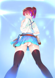 Rule 34 | 10s, 1girl, absurdres, aowltus209, ass, bad id, bad pixiv id, brown hair, from behind, from below, gradient background, highres, japanese clothes, kaga (kancolle), kantai collection, kneepits, looking back, multicolored hair, panties, parted lips, pleated skirt, side ponytail, skirt, solo, tasuki, thighhighs, underwear, upskirt, yellow eyes