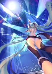 Rule 34 | 1girl, absurdly long hair, absurdres, aqua hair, arm up, ass, blurry, depth of field, enj!, foreshortening, from behind, from below, hatsune miku, hatsune miku (append), highres, long hair, panties, reaching, reaching towards viewer, sketch, solo, thighs, twintails, underwear, very long hair, vocaloid, vocaloid append