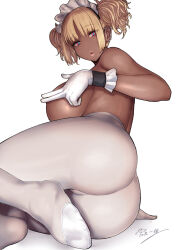 Rule 34 | 1girl, ass, back, bare shoulders, blonde hair, blunt bangs, breasts, covering nipples, covering privates, dark-skinned female, dark skin, ear piercing, earrings, gloves, highres, jewelry, large breasts, looking at viewer, maid headdress, miyamoto issa, open mouth, original, pantyhose, piercing, red eyes, sitting, solo, topless, twintails, white gloves, white pantyhose