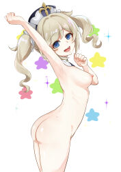 Rule 34 | 1girl, absurdres, arm up, armpits, ass, barbara (genshin impact), blonde hair, blue eyes, blush, breasts, completely nude, drill hair, from side, genshin impact, hat, highres, long hair, looking at viewer, nenetan, nipples, nude, open mouth, smile, solo, standing, twin drills, twintails