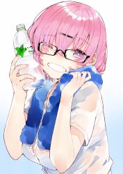 Rule 34 | 1girl, blouse, blue background, blue towel, bottle, breasts, buttons, eyes visible through hair, fate/grand order, fate (series), gradient background, grin, hair between eyes, hair ornament, hair over one eye, hairclip, head tilt, highres, holding, holding bottle, kou mashiro, large breasts, light purple hair, looking at viewer, mash kyrielight, nail polish, one eye closed, pink nails, purple eyes, see-through, shirt, short hair, short sleeves, smile, solo, towel, upper body, water bottle, wet, wet clothes, wet shirt, white background, white shirt