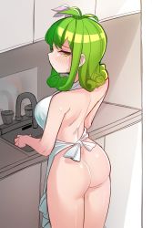Rule 34 | 1girl, apron, ass, green hair, highres, nude, solo, sung08ko, twitter