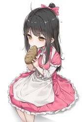 Rule 34 | 1girl, absurdres, ahoge, apron, black hair, bow, bread, child, dress, eating, food, hair bow, highres, layered sleeves, long hair, long sleeves, one side up, original, pink bow, pink dress, short over long sleeves, short sleeves, sitting, solo, very long hair, wet.elephant, white apron, white background, yellow eyes