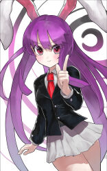 Rule 34 | 1girl, absurdres, animal ears, bebebel a, black jacket, blazer, closed mouth, collared shirt, commentary request, cowboy shot, highres, index finger raised, jacket, long hair, long sleeves, looking at viewer, necktie, pleated skirt, purple hair, rabbit ears, rabbit girl, red eyes, red necktie, reisen udongein inaba, shirt, skirt, smile, solo, touhou, very long hair, white shirt, white skirt