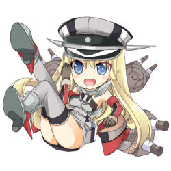 Rule 34 | 10s, 1girl, :d, armpits, bare shoulders, bismarck (kancolle), blonde hair, blue eyes, blush, cannon, chibi, elbow gloves, gloves, grey thighhighs, hat, kantai collection, legs up, long hair, military, military uniform, no nose, open mouth, peaked cap, personification, sakura hanatsumi, simple background, smile, solo, thighhighs, uniform, white background