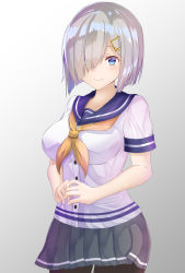 Rule 34 | 10s, 1girl, black pantyhose, blue eyes, breasts, cowboy shot, grey background, grey skirt, hair ornament, hair over one eye, hairclip, hamakaze (kancolle), highres, impossible clothes, kantai collection, looking at viewer, no gloves, pantyhose, pleated skirt, sailor collar, school uniform, serafuku, short hair, silver hair, simple background, skirt, smile, solo, standing, wosero