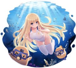 Rule 34 | 1girl, allenes, arm strap, azur lane, bare shoulders, bird, blonde hair, blue eyes, breasts, chick, clothing cutout, competition swimsuit, fish, freediving, groin, highleg, highleg swimsuit, highres, icarus (azur lane), icarus (nereid&#039;s discovery) (azur lane), index finger raised, large breasts, light rays, long hair, looking at viewer, manjuu (azur lane), official alternate costume, official art, one-piece swimsuit, side cutout, smile, snorkel, solo, sunbeam, sunlight, swimsuit, thighhighs, thighs, transparent background, underwater, very long hair, water, white one-piece swimsuit, white thighhighs