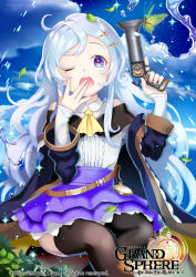 Rule 34 | 1girl, ;o, black thighhighs, blue eyes, blue hair, blue sky, bug, butterfly, cloud, copyright name, day, gun, holding, holding gun, holding weapon, insect, kuroi nyan, light blue hair, lolita fashion, long hair, long sleeves, looking at viewer, official art, one eye closed, original, outdoors, purple skirt, sitting, skirt, sky, thighhighs, very long hair, watch, water drop, watermark, weapon, yawning, yellow neckwear