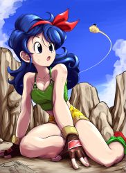 Rule 34 | 1girl, 2boys, absurdres, all fours, banknote, bare legs, bare shoulders, blue eyes, blue hair, bow, breasts, close-up, cloud, commentary request, day, dragon ball, dragon ball (classic), fantasy, fingerless gloves, flying, gloves, green shirt, hair bow, highres, kuririn, liedein, long hair, lunch (dragon ball), lunch (good) (dragon ball), money, mountain, multiple boys, open mouth, outdoors, shirt, shorts, sky, solo focus, son goku, yellow shorts