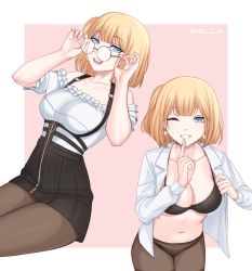 Rule 34 | 1girl, :d, artist name, bad id, bad twitter id, black bra, black skirt, blonde hair, blue eyes, border, bra, breasts, brown pantyhose, cleavage, collarbone, commentary, earrings, glasses, grey border, grin, hair ornament, heart, heart earrings, highres, hololive, hololive english, jewelry, large breasts, looking at viewer, medium hair, multiple views, nail polish, official alternate costume, one eye closed, open clothes, open mouth, open shirt, panties, panties under pantyhose, pantyhose, pink background, round eyewear, shellvi, shirt, skirt, smile, teeth, underwear, upper teeth only, virtual youtuber, watson amelia, watson amelia (street casual), white shirt, yellow nails