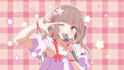Rule 34 | 1girl, \m/, blunt bangs, blush, bow, collarbone, commentary, detached sleeves, dress, etra-chan wa mita!, etra (etra-chan wa mita!), flower, hair flower, hair ornament, hand up, highres, holding, holding microphone, light brown hair, microphone, music, nyako (lhq3p), one eye closed, open mouth, parody, pink dress, plaid, plaid background, puffy short sleeves, puffy sleeves, red ribbon, ribbon, seikan hikou, short sleeves, singing, solo, star (symbol), starry background, striped, striped bow, symbol-only commentary, virtual youtuber, wrist ribbon