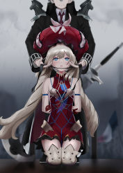 Rule 34 | 1boy, 1girl, arms behind back, bare shoulders, bdsm, blindfold, blue eyes, bondage, bound, charles-henri sanson (fate), cloud, cloudy sky, commentary request, fate/grand order, fate (series), french flag, frilled hat, frills, gloves, grey hair, hat, highres, large hat, lips, marie antoinette (fate), miniskirt, outdoors, pixiv fate/grand order contest 2, platinum blonde hair, rain, red gloves, red headwear, restrained, sharpffffff, short hair, skirt, sky, twintails