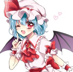 Rule 34 | 1girl, ;d, arm garter, ascot, bat wings, blue hair, blush, bow, brooch, fang, frilled shirt collar, frills, hat, hat ribbon, heart, index finger raised, jewelry, kanon (ikamiso), looking at viewer, mob cap, one eye closed, open mouth, pink shirt, puffy short sleeves, puffy sleeves, red bow, red eyes, red ribbon, remilia scarlet, ribbon, sash, shirt, short hair, short sleeves, skirt, skirt set, smile, solo, touhou, upper body, white background, wings, wrist cuffs