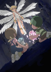 Rule 34 | 1girl, 2boys, absurdres, angel, angel wings, anklet, barefoot, blonde hair, body markings, bracelet, brown hair, brown legwear, brown shorts, cave, clenched hands, commentary request, digimon, digimon (creature), digimon adventure: (2020), digitama, dutch angle, egg, facial mark, feathered wings, floating, food, from behind, full body, glowing, green eyes, green footwear, green headwear, green shirt, hair between eyes, hat, head wings, highres, holding, holding egg, holding food, jewelry, kneeling, looking at another, lucemon, multiple boys, multiple wings, open mouth, overall shorts, overalls, pink shirt, scarf, shirt, shoes, short hair, short sleeves, shorts, sidelocks, sneakers, socks, striped clothes, striped shirt, takaishi takeru, tantanmen, toga, wings, yagami hikari, yellow footwear, yellow scarf