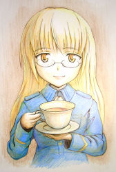 Rule 34 | 00s, 1girl, bad id, bad pixiv id, blonde hair, cup, glasses, gomoki, long hair, military, military uniform, perrine h. clostermann, smile, solo, strike witches, tea, teacup, traditional, traditional media, uniform, world witches series, yellow eyes