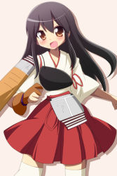 Rule 34 | 10s, 1girl, akagi (kancolle), armor, brown eyes, brown hair, food, food on face, geo (yukishitadou), gloves, japanese clothes, kantai collection, long hair, muneate, open mouth, rice, solo, thighhighs