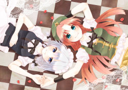 Rule 34 | 2girls, blue eyes, braid, breasts, checkered floor, chitose (usacan), dress, floor, green eyes, hat, hong meiling, izayoi sakuya, lace, maid headdress, multiple girls, on floor, petals, red hair, silver hair, smile, star (symbol), touhou, twin braids, usacan