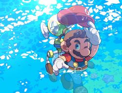 Rule 34 | 1boy, antenna hair, arm up, blue eyes, blue pants, brown footwear, brown hair, buttons, caustics, f.l.u.d.d., facial hair, gloves, hat, holding, holding clothes, holding hat, hoshikuzu pan, in water, looking at viewer, male focus, mario, mario (series), mustache, nintendo, one eye closed, overalls, pants, red hat, red shirt, shirt, shoes, short hair, short sleeves, solo, starfish, super mario sunshine, unworn hat, unworn headwear, wading, water, wet, wet clothes, white gloves