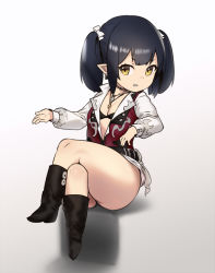 Rule 34 | 1girl, belt, black footwear, black hair, boots, breasts, chibi, crossed legs, earrings, final fantasy, final fantasy xiv, full body, gradient background, hair ribbon, houtengeki, jewelry, knee boots, lalafell, long sleeves, looking at viewer, medium hair, necklace, open clothes, open shirt, outstretched hand, pointy ears, puffy long sleeves, puffy sleeves, ribbon, simple background, sitting, small breasts, smirk, solo, thick thighs, thighs, twintails, white background, white ribbon, yellow eyes