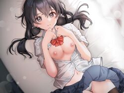 Rule 34 | 1girl, atagumo yuba, black hair, blue skirt, bow, bowtie, breasts, breasts squeezed together, buttons, closed mouth, clothes lift, collared shirt, dress shirt, from above, grey eyes, hair between eyes, hands up, looking at viewer, low twintails, medium breasts, messy hair, navel, nipples, original, panties, pantyshot, plaid, plaid skirt, pleated skirt, red bow, red bowtie, school uniform, shirt, short sleeves, sidelocks, skirt, skirt lift, solo, twintails, underwear, white panties, white shirt