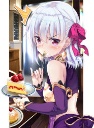 Rule 34 | 1girl, ^^^, back, blush, breasts, cake, detached sleeves, dress, earrings, eating, fate/grand order, fate (series), food, fork, fruit, hair ribbon, highres, hitsujibane shinobu, jewelry, kama (fate), kama (first ascension) (fate), looking at viewer, looking back, pink ribbon, plate, purple dress, purple skirt, purple sleeves, red eyes, red ribbon, ribbon, short hair, silver hair, skirt, sleeveless, sleeveless dress, small breasts, solo, strawberry