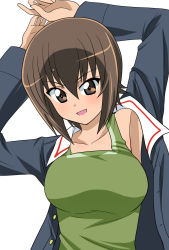 Rule 34 | 1girl, alternate costume, armpits, arms behind head, arms up, blue jacket, breasts, brown eyes, brown hair, commentary, girls und panzer, green shirt, highres, jacket, long sleeves, looking at viewer, medium breasts, nishizumi maho, ooarai military uniform, open clothes, open jacket, open mouth, shirt, short hair, simple background, smile, solo, tank top, upper body, wakku kan, white background