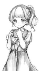 Rule 34 | 1girl, absurdres, blush, bow, greyscale, hair bow, highres, looking at viewer, monochrome, open mouth, original, ponytail, ribbon, school uniform, sencha (senta 10), smile, solo