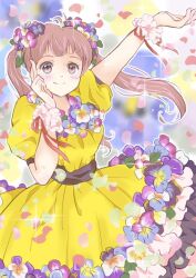 Rule 34 | 1girl, ahoge, arcboc, arm up, blurry, blurry background, blush, brown eyes, brown hair, closed mouth, dress, flower, hair flower, hair ornament, hand on own face, long hair, looking at viewer, original, outline, petals, pink hair, puffy short sleeves, puffy sleeves, ribbon, scrunchie, short sleeves, smile, solo, sparkle, twintails, violet (flower), white outline, wrist scrunchie, yellow dress