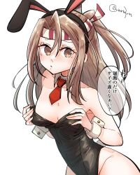 Rule 34 | 1girl, animal ears, black leotard, blush, breasts, covered navel, detached collar, fake animal ears, grey hair, hachimaki, hands on own chest, headband, high ponytail, highres, kantai collection, leotard, light brown hair, long hair, looking at viewer, matsunaga (haku), necktie, playboy bunny, rabbit ears, rabbit tail, red necktie, simple background, small breasts, solo, strapless, strapless leotard, tail, twitter username, white background, wrist cuffs, zuihou (kancolle)
