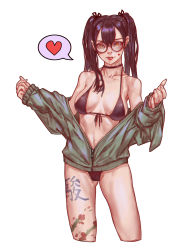 Rule 34 | 1girl, absurdres, bikini, black-framed eyewear, black bikini, black hair, black ribbon, brown eyes, glasses, gluteal fold, green jacket, hair ribbon, heart, highres, jacket, leg tattoo, long hair, looking at viewer, navel, original, parted lips, ribbon, simple background, solo, spoken heart, standing, swimsuit, tattoo, twintails, white background, xue qi ye (dndtmbdue), zipper