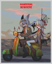Rule 34 | 2girls, absurdres, animal ears, black jacket, fang, fenrir (ghost (tama)), flat chest, goat ears, goat girl, goat horns, goat tail, goggles, goggles on head, grey skirt, hannah (populamalus), highres, horns, jacket, long hair, long sleeves, looking at viewer, multiple girls, open mouth, original, populamalus, red eyes, shorts, skirt, smile, thighhighs, white hair, wolf ears, wolf girl, yellow eyes