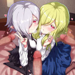 Rule 34 | 2girls, 3boys, bed, black dress, black nails, black ribbon, black socks, blonde hair, blue skirt, blush, breast press, breasts, brown pantyhose, censored, closed mouth, demon girl, dress, embarrassed, erection, face-to-face, from above, from side, full body, grey hair, hair over one eye, hand up, hetero, hug, indoors, jashin-chan dropkick, kneehighs, kneeling, large breasts, long hair, long sleeves, looking at viewer, looking to the side, looking up, mature female, mosaic censoring, mother and daughter, motion lines, multiple boys, multiple girls, mumyou ishi, nail polish, neck ribbon, nervous, on bed, pantyhose, parted lips, penis, persephone (jashin-chan dropkick), persephone ii, pointy ears, red eyes, ribbon, shirt, short hair, skirt, small breasts, smile, socks, steam, v, wavy mouth, white shirt
