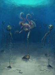Rule 34 | 1girl, afloat, asphyxiation, bubble, chain, chained, commentary, corpse, drowning, hacksaw, koto inari, saw, skeleton, stone, touhou, tsukumo benben, underwater