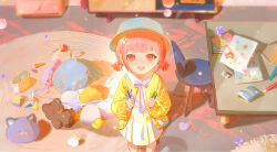 1girl aged_down artist_request bag blue_hat blunt_bangs bow bowtie carpet chair child child&#039;s_drawing chinese_commentary collared_dress commentary_request crayon dress feet_out_of_frame flower hair_flower hair_ornament happy hat holding holding_crayon jacket light_particles long_sleeves low_twintails miracle_nikki nikki_(nikki) nikki_(series) notebook official_art open_clothes open_jacket paint_splatter paint_splatter_on_face painting_(object) pen pink_hair puffy_long_sleeves puffy_sleeves purple_bow purple_bowtie second-party_source shadow short_dress short_hair short_twintails shoulder_bag sleeves_past_wrists solo standing straight-on table teddy_bear_(ensemble_stars!) twintails white_dress white_flower yellow_bag yellow_jacket