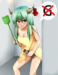 Rule 34 | 1girl, aerosol, aqua hair, bare shoulders, blush, bottle, breasts, cleavage, collarbone, convenient censoring, crying, crying with eyes open, ex-keine, flyswatter, green hair, horn ornament, horn ribbon, horns, ifuji sakura, insecticide, kamishirasawa keine, leaning forward, looking at viewer, multicolored hair, naked towel, no panties, open mouth, red eyes, red ribbon, ribbon, solo, speech bubble, spray bottle, tears, thighs, touhou, towel, two-tone hair
