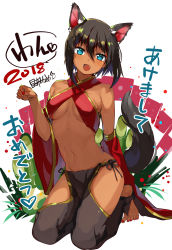 Rule 34 | 1girl, 2018, animal ears, black hair, blue eyes, breasts, commentary request, criss-cross halter, dark-skinned female, dark skin, detached sleeves, fang, fingernails, hair between eyes, halterneck, harem outfit, harem pants, highres, hip vent, kneeling, konbu wakame, looking at viewer, medium breasts, nail polish, navel, new year, no shoes, open mouth, original, pants, paw pose, simple background, solo, tail, tan, toenail polish, toenails, translated, white background, wide sleeves