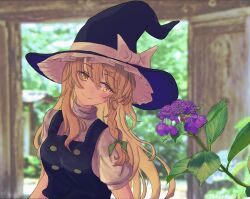 Rule 34 | 1girl, absurdres, black hat, black vest, blonde hair, blurry, blurry background, bow, braid, dot nose, flower, frilled hat, frills, green bow, hair bow, hat, hat bow, head tilt, highres, kirisame marisa, kiritanpo117, long hair, looking to the side, outdoors, purple flower, shirt, short sleeves, side braid, single braid, smile, solo, touhou, turtleneck, upper body, vest, white bow, white shirt, witch hat, yellow eyes