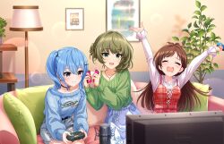 Rule 34 | 3girls, arms up, blue eyes, blue hair, brown hair, choker, closed eyes, controller, couch, game cg, game controller, green eyes, hair ornament, hairclip, heterochromia, holding, holding controller, holding game controller, hololive, hoshimachi suisei, idolmaster, idolmaster million live!, idolmaster million live! theater days, jewelry, lamp, multiple girls, necklace, nintendo switch controller, official art, open mouth, painting (object), pillow, plant, playing games, potted plant, short shorts, shorts, side ponytail, sitting, skirt, smile, takagaki kaede, television, tsujino akari, virtual youtuber