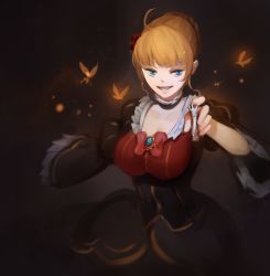Rule 34 | 1girl, 3four, beatrice (umineko), blonde hair, blue eyes, breasts, bug, butterfly, chess piece, cleavage, commentary, dress, english commentary, bug, large breasts, looking at viewer, short hair, solo, umineko no naku koro ni