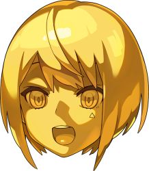 Rule 34 | 1girl, artist request, blonde hair, bob cut, colored sclera, colored skin, disembodied head, facial mark, female focus, gold, head only, non-web source, official art, open mouth, pictoria, portrait, short hair, sidelocks, simple background, solo, teeth, towa kiseki, transparent background, triangle, virtual youtuber, world flipper, yellow eyes, yellow sclera, yellow skin, yellow theme